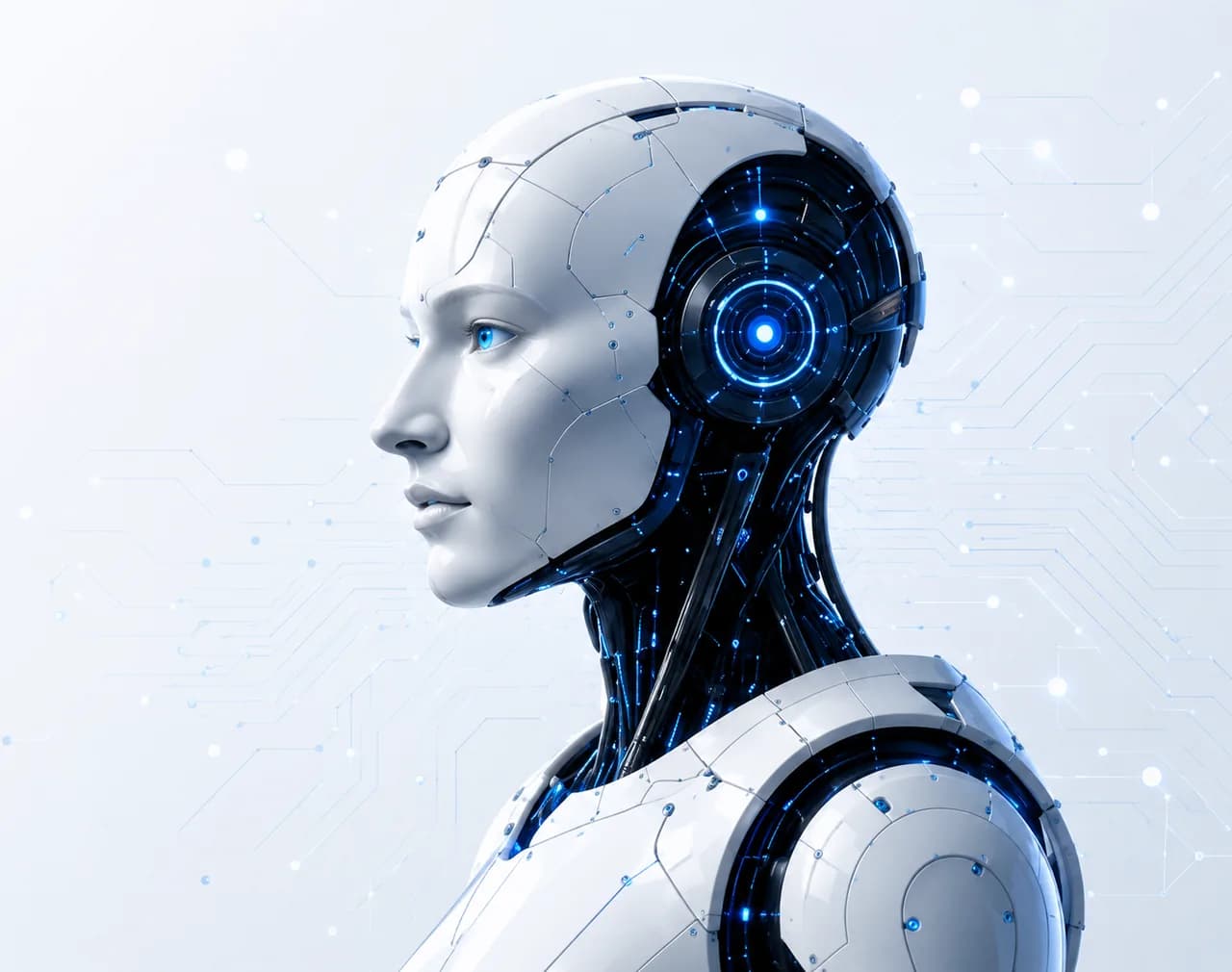 Devre desenli bir zemin önünde profilden görünen insansı yapay zekâ robotu